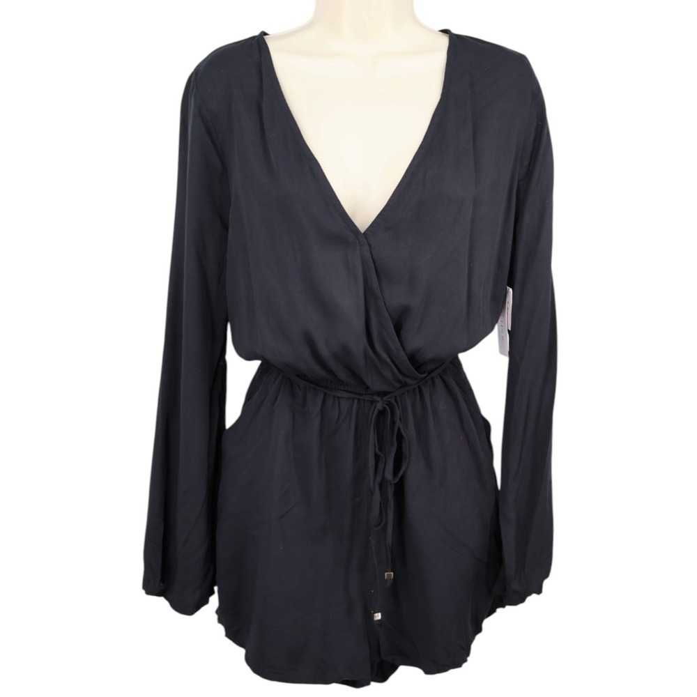 JustFab Black Draped Romper Long Sleeve Tie Waist Pockets Surplice NWOT Small